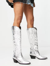 Silver Metallic Stitch Wide Calf Knee High Cowgirl Boots Block Heeled Western Boots